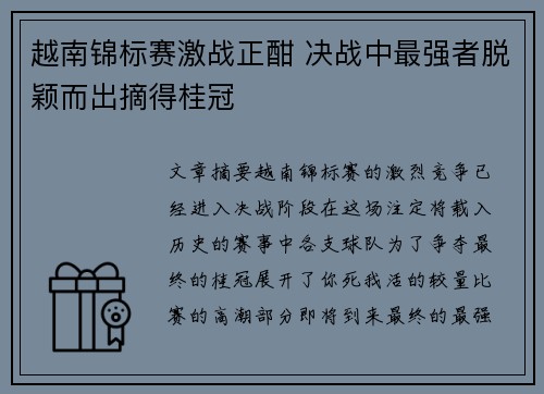 越南锦标赛激战正酣 决战中最强者脱颖而出摘得桂冠