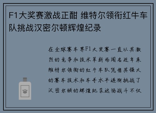 F1大奖赛激战正酣 维特尔领衔红牛车队挑战汉密尔顿辉煌纪录